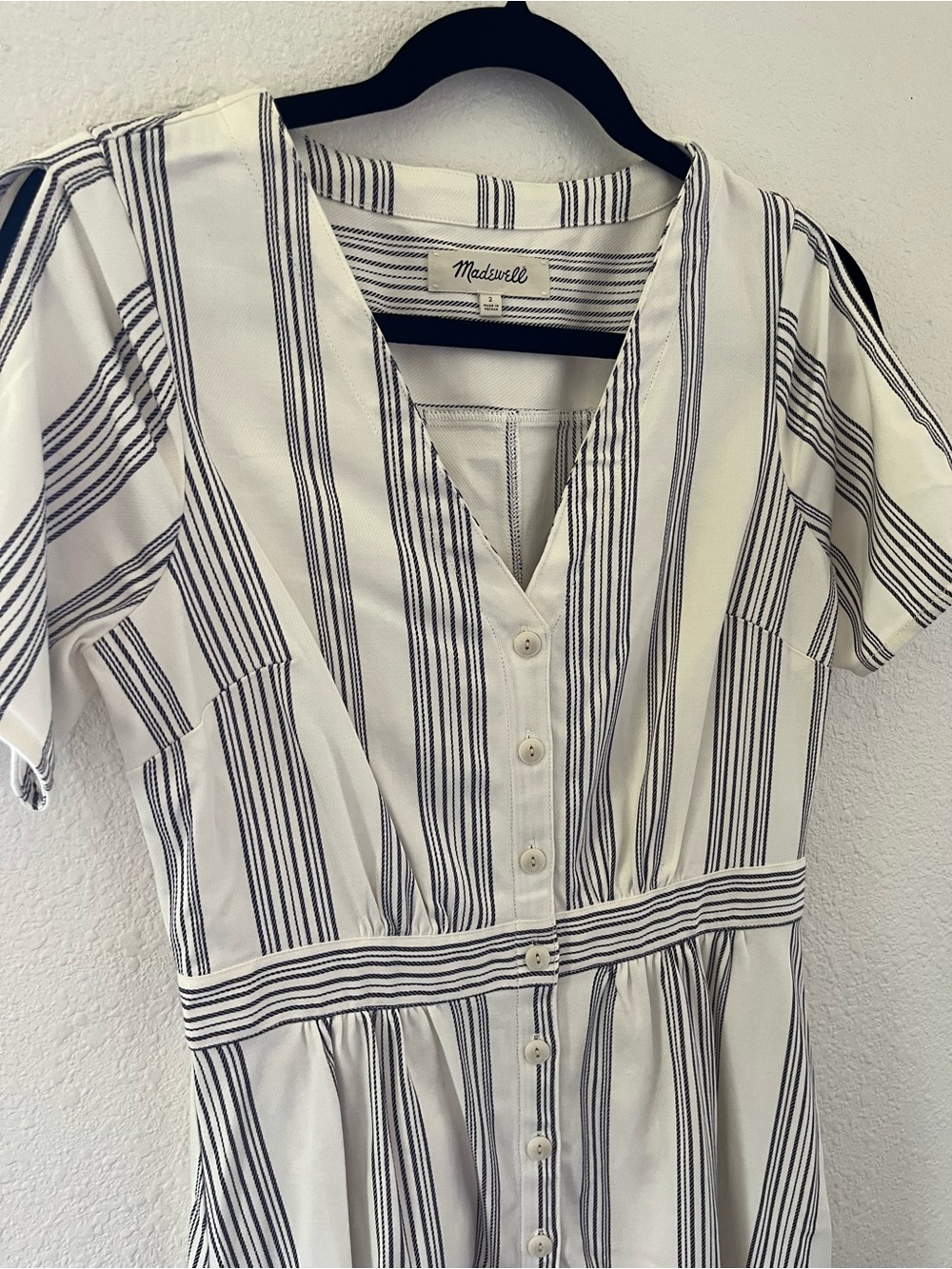 Madewell White and Navy Striped Button-Front Midi Dress with Tie Sleeves